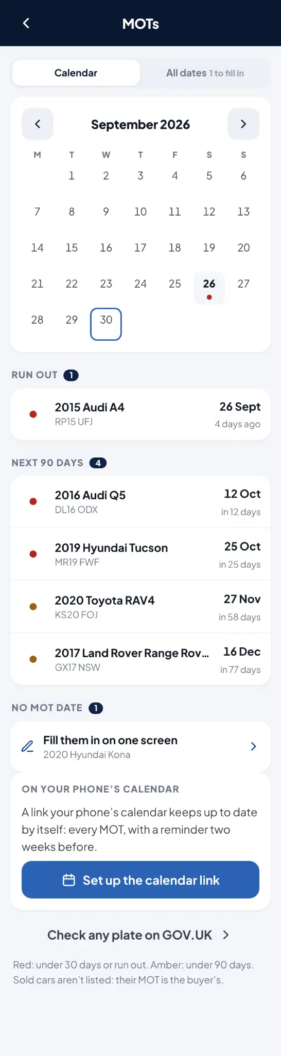 MBU&rsquo;s DMS, MOTs: a calendar of September, one MOT run out, four in the next 90 days with their dates, and a link to put them on the phone&rsquo;s calendar. Invented cars.