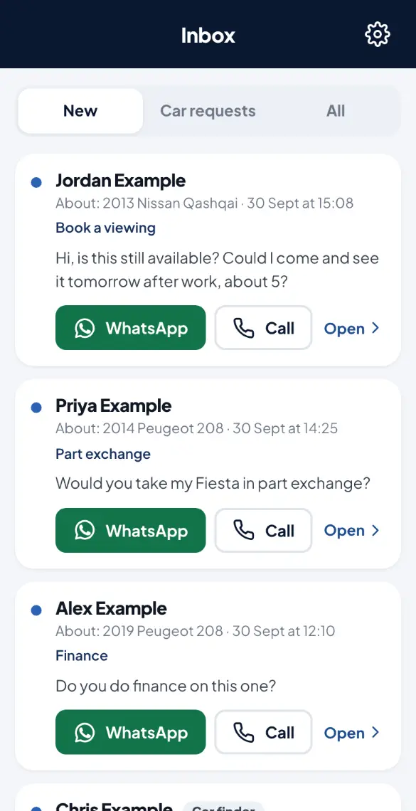 The DMS&rsquo;s inbox: enquiries to book a viewing, part exchange and finance, each naming its car, with WhatsApp and Call buttons. The names are invented.