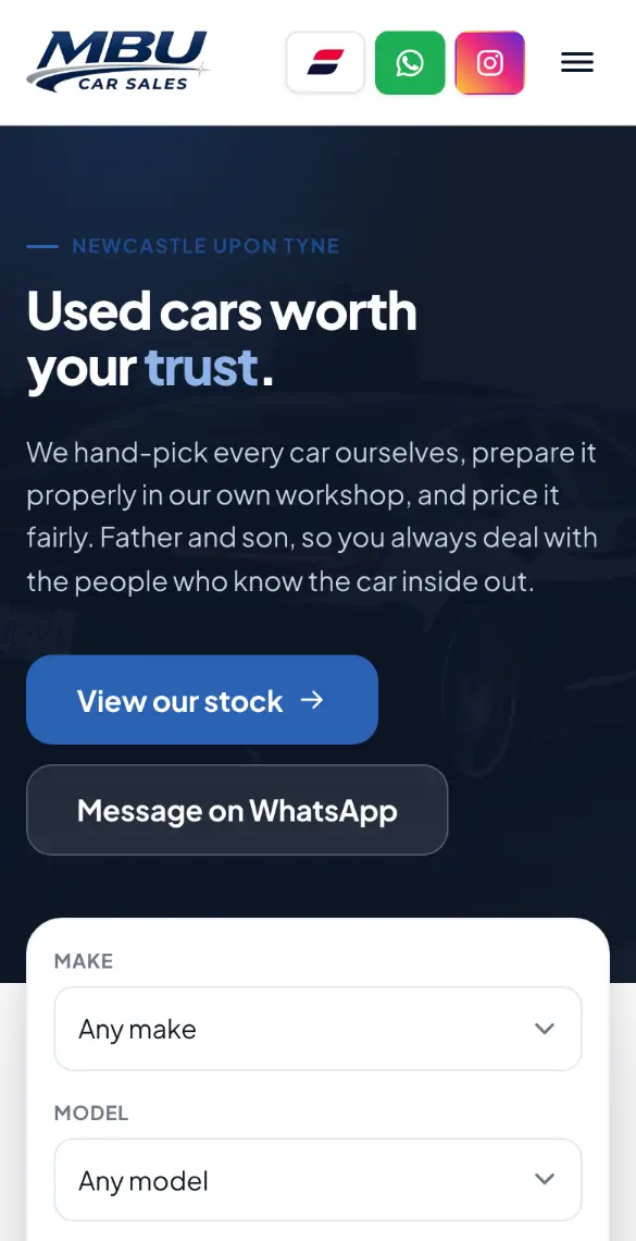 MBU&rsquo;s home page on a phone: &ldquo;Used cars worth your trust&rdquo;, with buttons to view the stock or message on WhatsApp